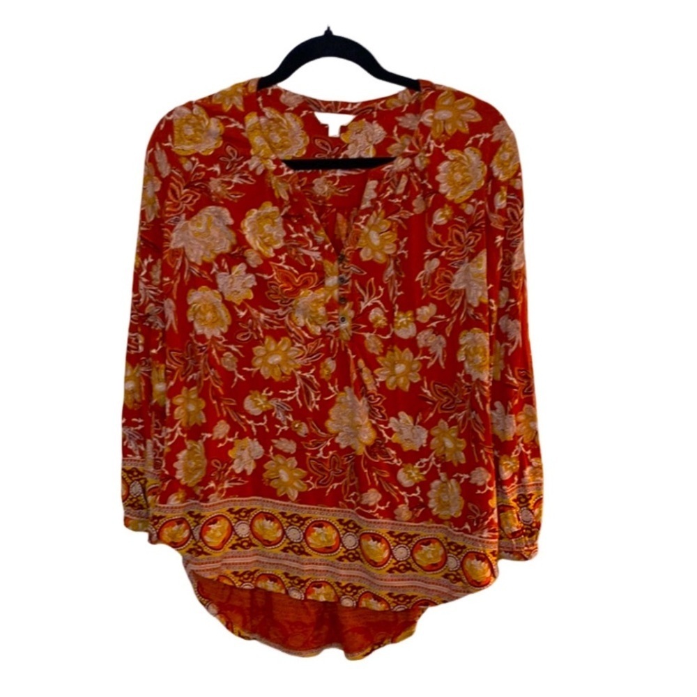 Lucky Brand Burnt Orange Floral Blouse with Mandarin Collar. Size L.